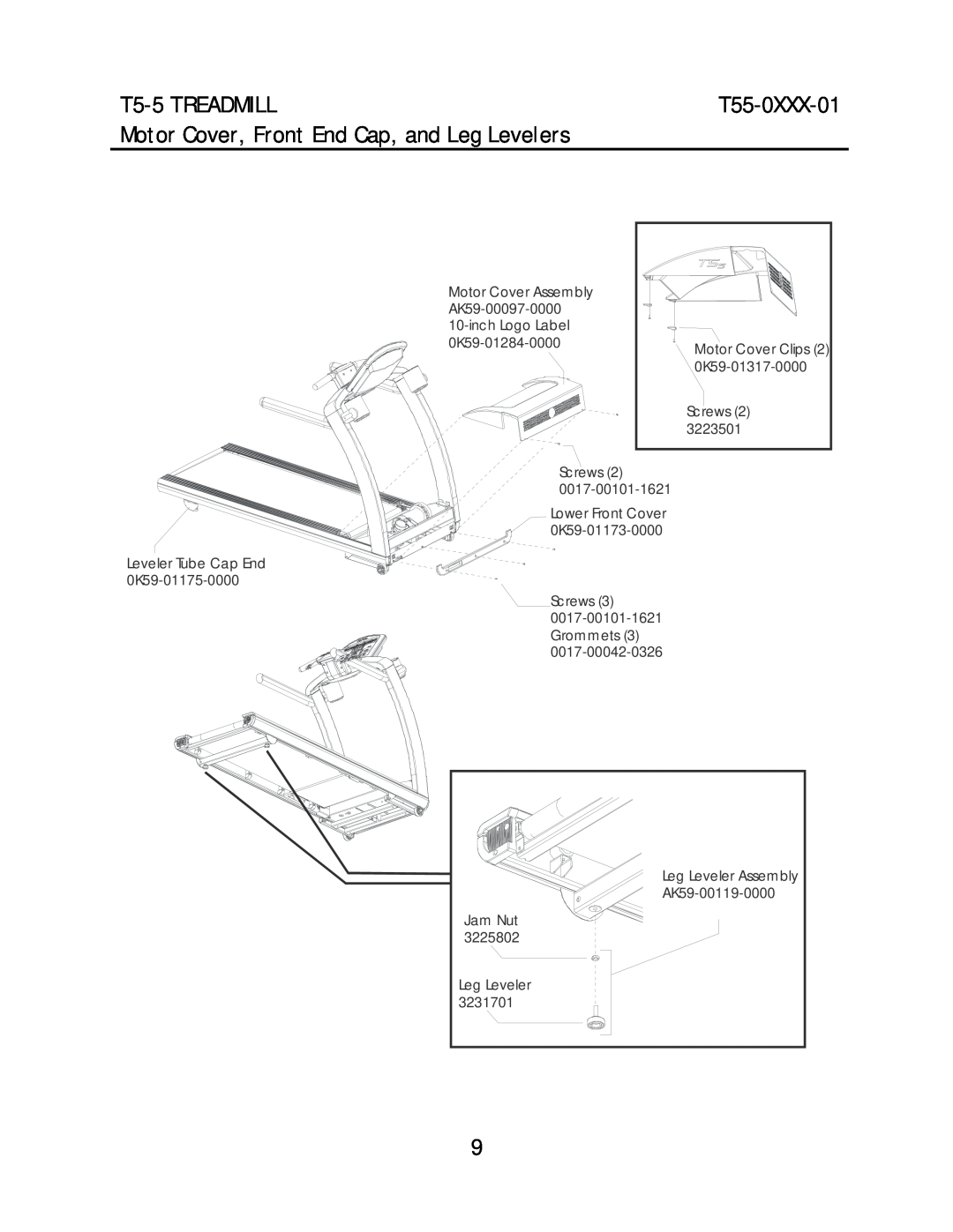 Life Fitness T55-0XXX-01 Motor Cover, Front End Cap, and Leg Levelers, T5-5 TREADMILL, Lower Front Cover 0K59-01173-0000 