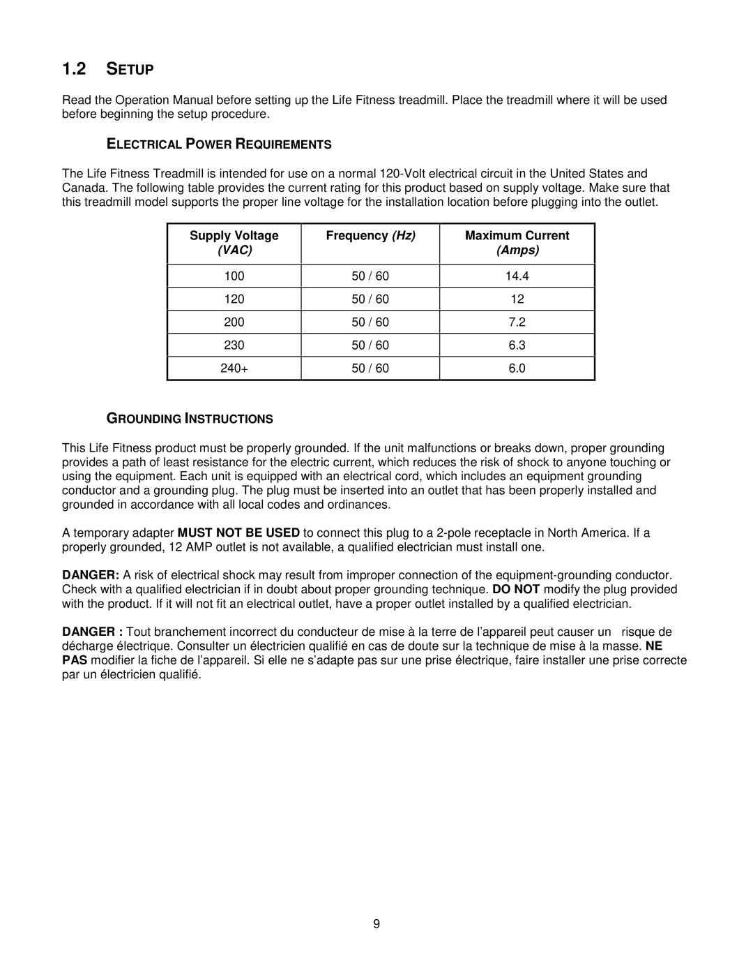 Life Fitness T5I, T3i manual Setup, Electrical Power Requirements, Supply Voltage, Grounding Instructions 