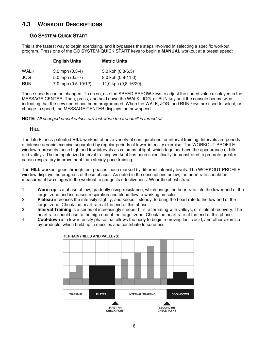 Life Fitness T3i, T5I manual Workout Descriptions, GO SYSTEM-QUICK Start, English Units Metric Units, Hill 