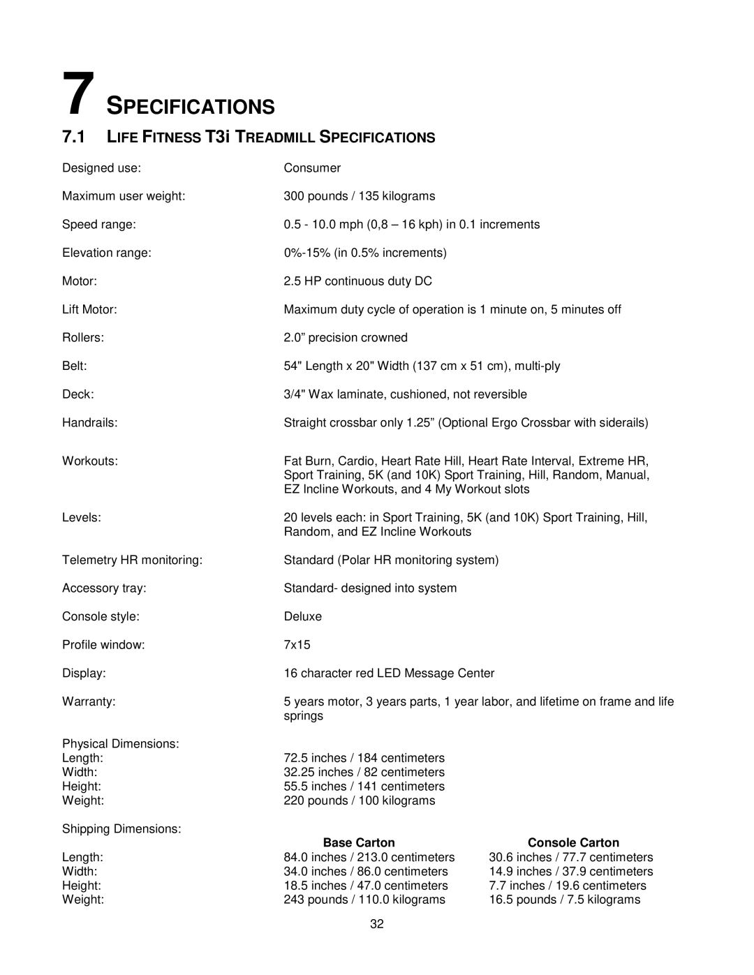 Life Fitness T3i, T5I manual Specifications, Base Carton Console Carton 