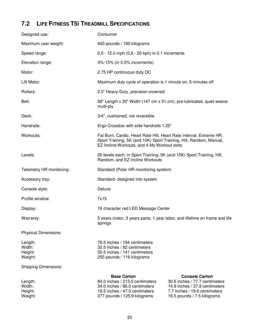 Life Fitness T5I, T3i manual Life Fitness T5i Treadmill Specifications 