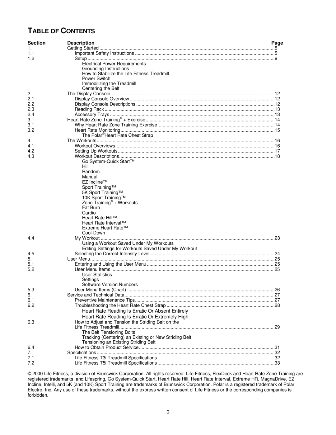 Life Fitness T5I, T3i manual Table of Contents 