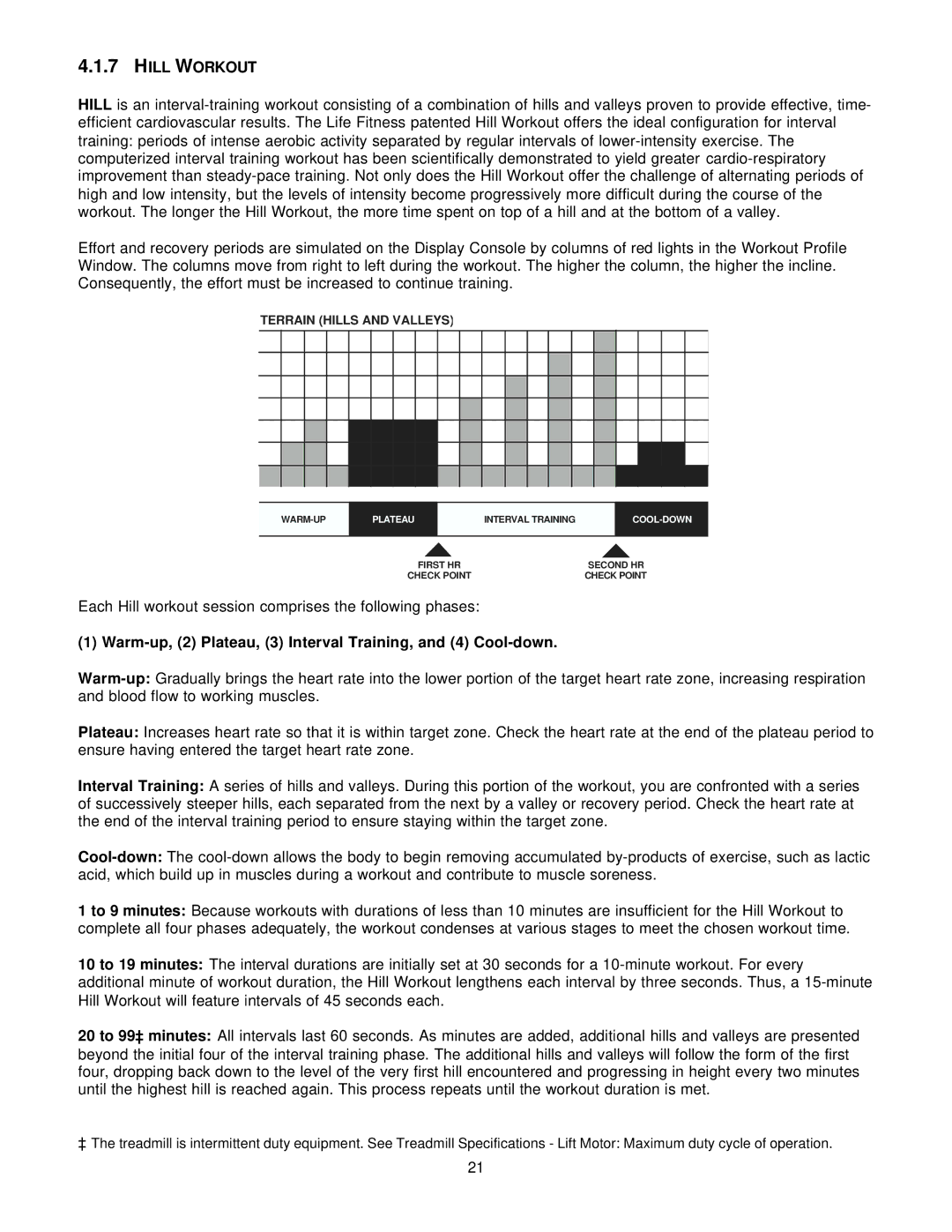 Life Fitness T5I manual Hill Workout, Warm-up, 2 Plateau, 3 Interval Training, and 4 Cool-down 