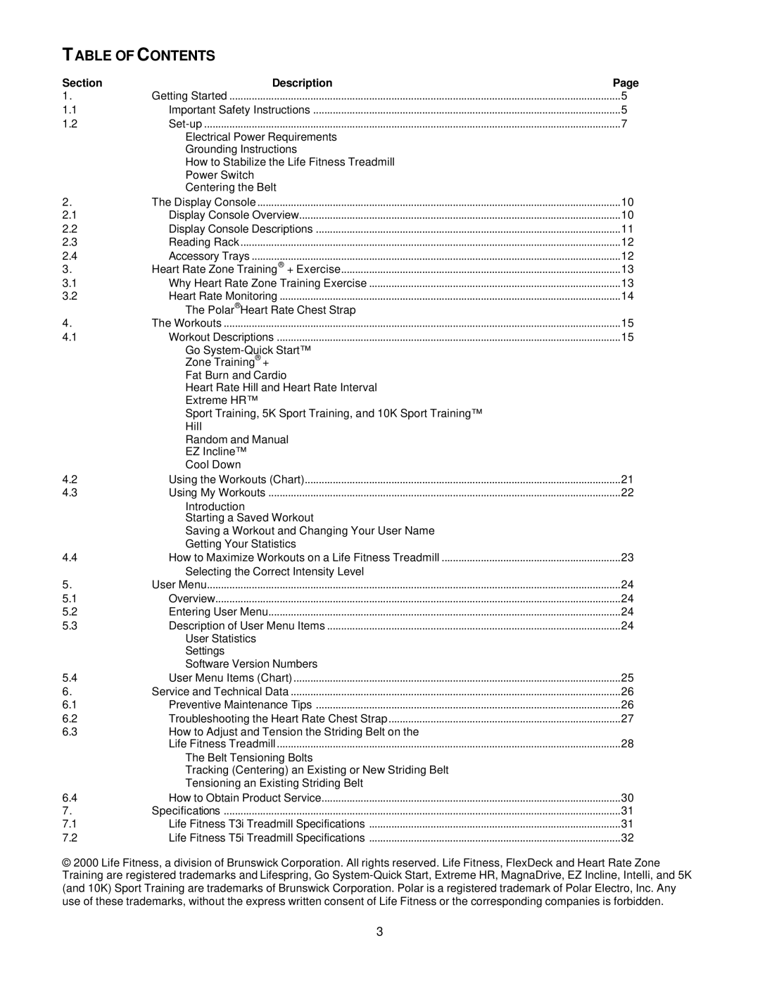 Life Fitness T5I manual Table of Contents 