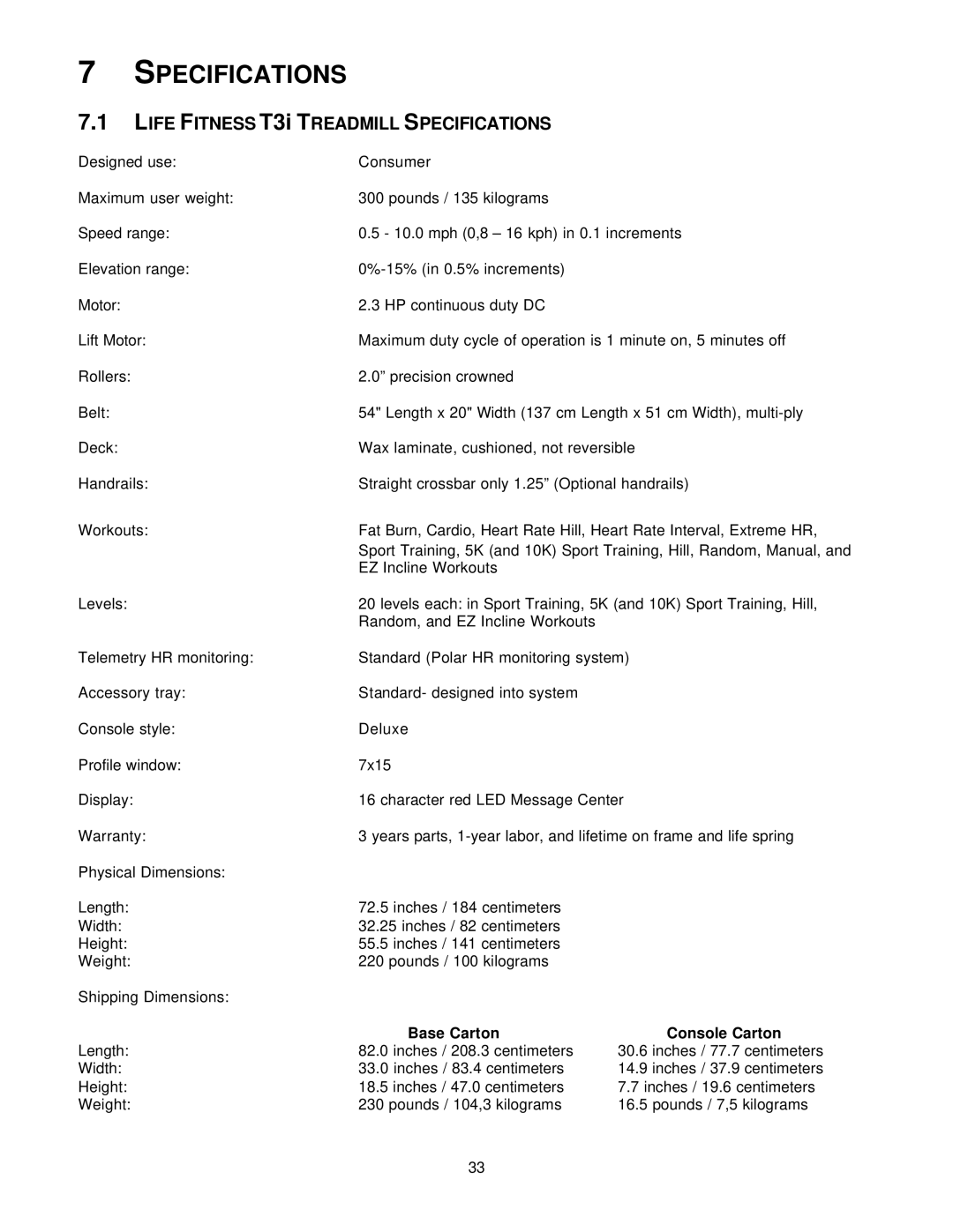 Life Fitness T5I manual Specifications, Base Carton Console Carton 