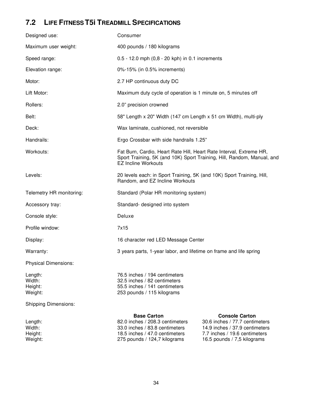 Life Fitness T5I manual Life Fitness T5i Treadmill Specifications 