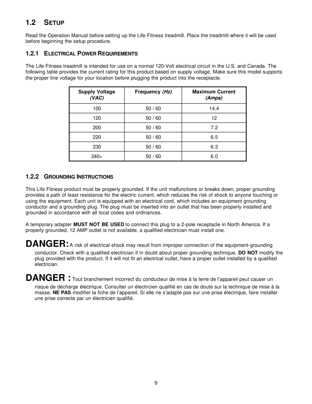 Life Fitness T5I Setup, Electrical Power Requirements, Supply Voltage Frequency Hz Maximum Current, Grounding Instructions 