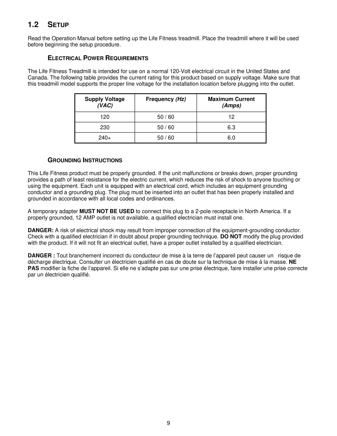 Life Fitness T5iw, T3i operation manual Setup, Electrical Power Requirements, Supply Voltage Frequency Hz Maximum Current 