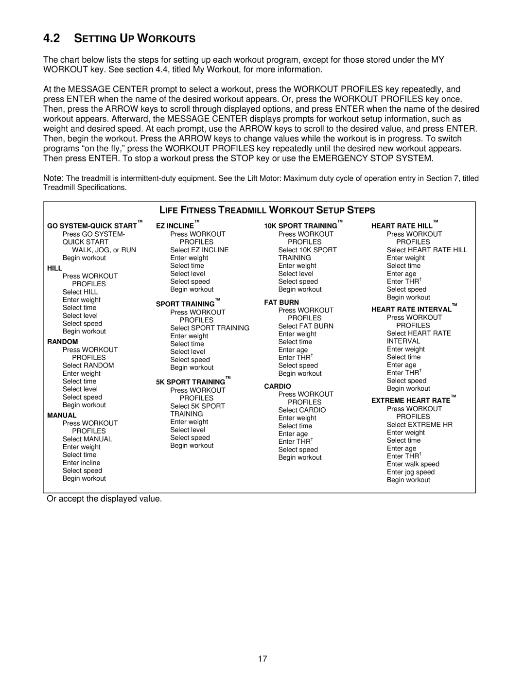 Life Fitness T5iw, T3i operation manual Setting UP Workouts, Life Fitness Treadmill Workout Setup Steps 