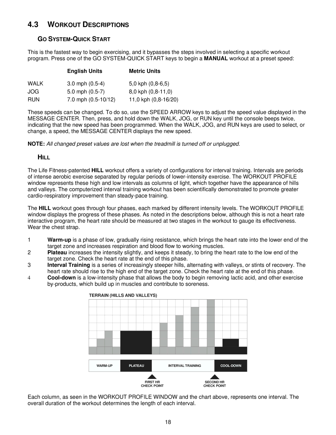 Life Fitness T3i, T5iw operation manual Workout Descriptions, GO SYSTEM-QUICK Start, English Units Metric Units, Hill 