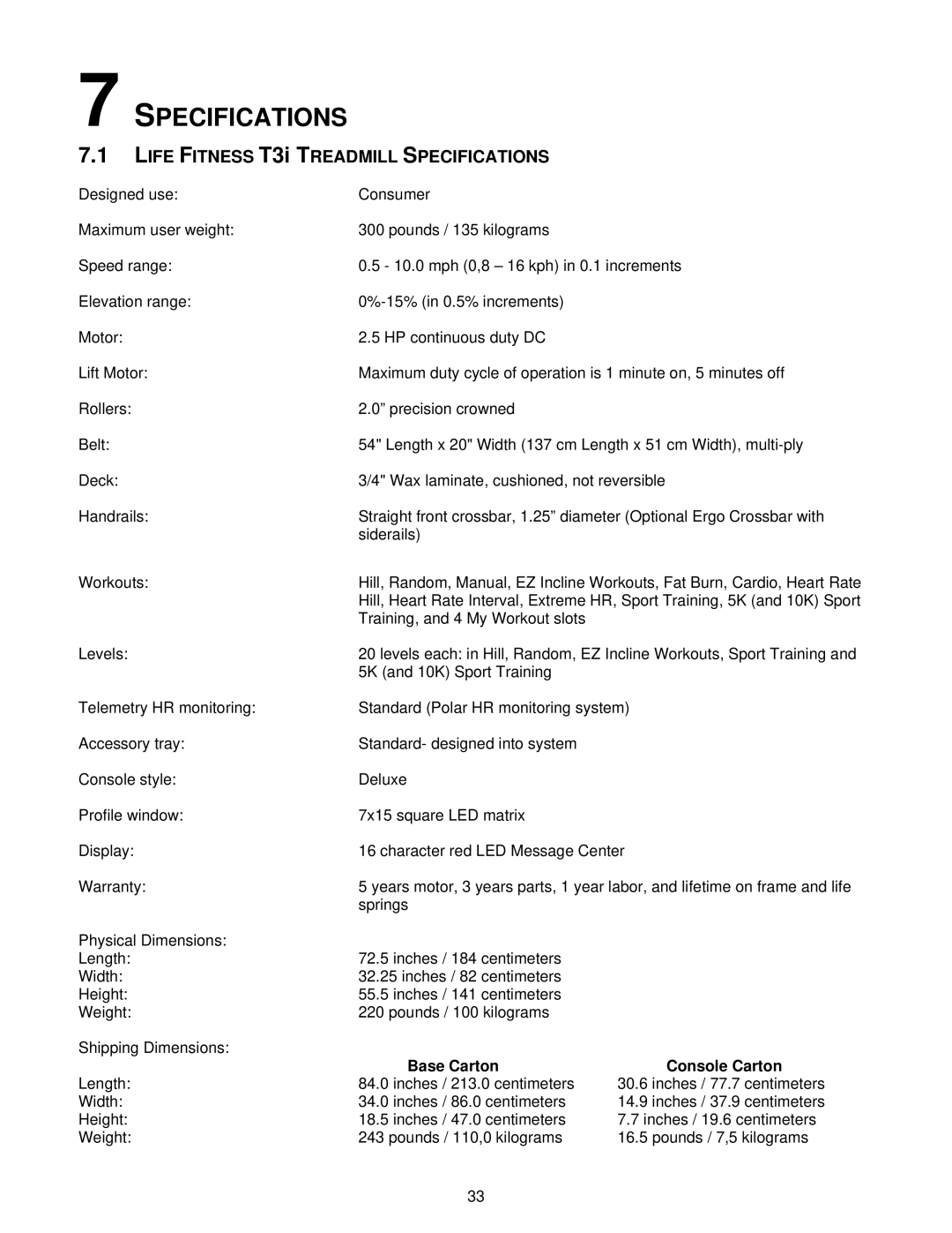 Life Fitness T5iw, T3i operation manual Specifications, Base Carton Console Carton 