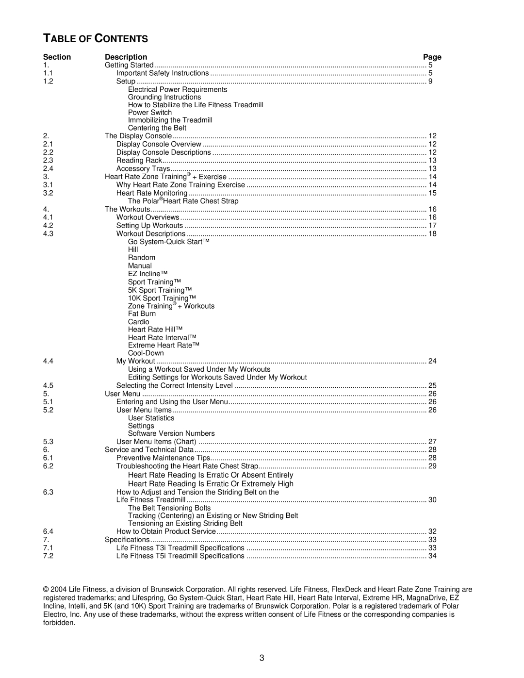 Life Fitness T5iw, T3i operation manual Table of Contents 