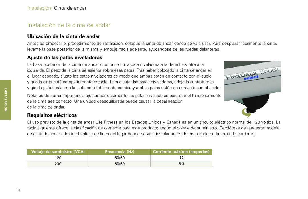 Life Fitness T7-0.T Series, T5-5 y Ubicación de la cinta de andar, Ajuste de las patas niveladoras, Requisitos eléctricos 