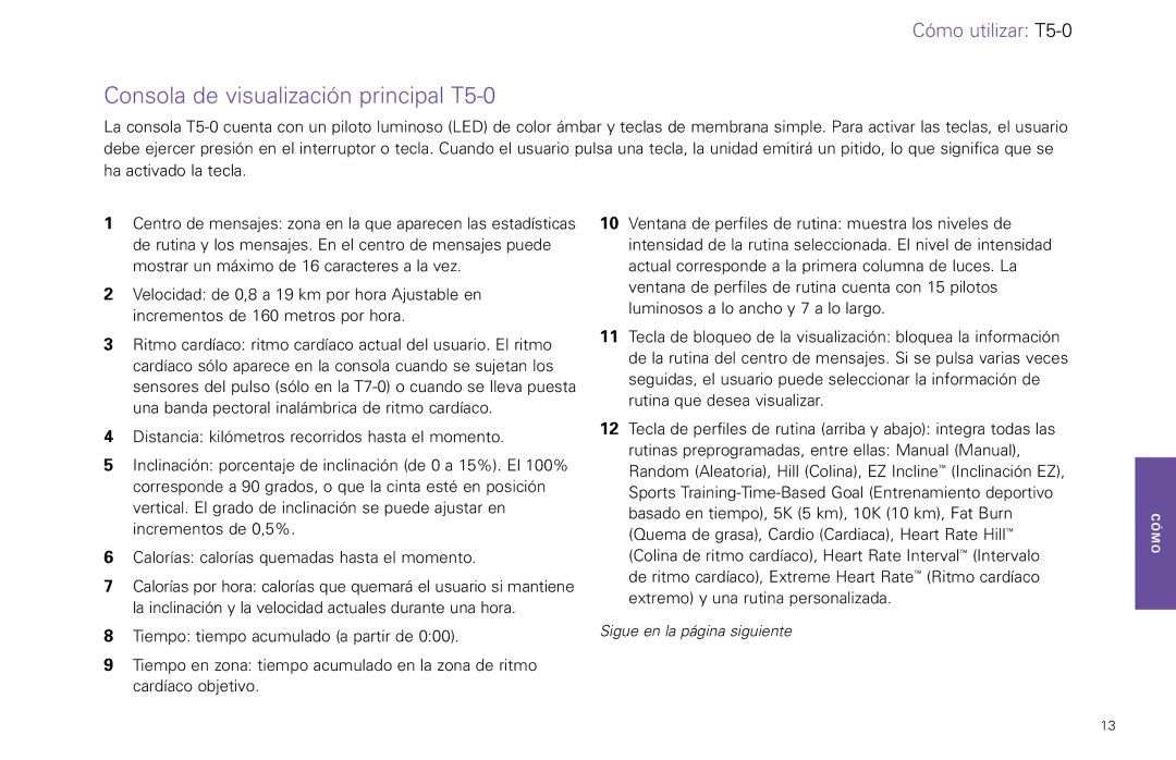 Life Fitness T5-5 y, T7-0.T Series manual Consola de visualización principal T5-0 