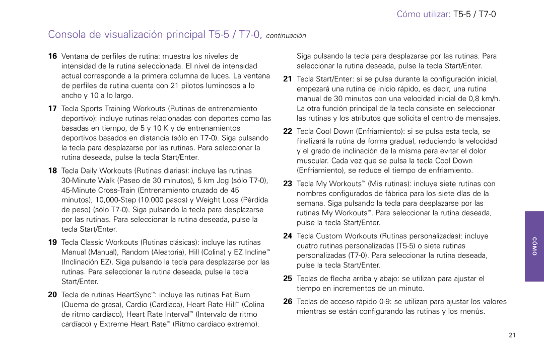 Life Fitness T5-5 y, T7-0.T Series manual Consola de visualización principal T5-5 / T7-0, continuación 