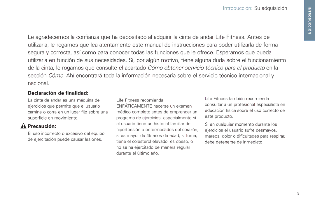 Life Fitness T5-5 y, T7-0.T Series manual Declaración de finalidad, Precaución 