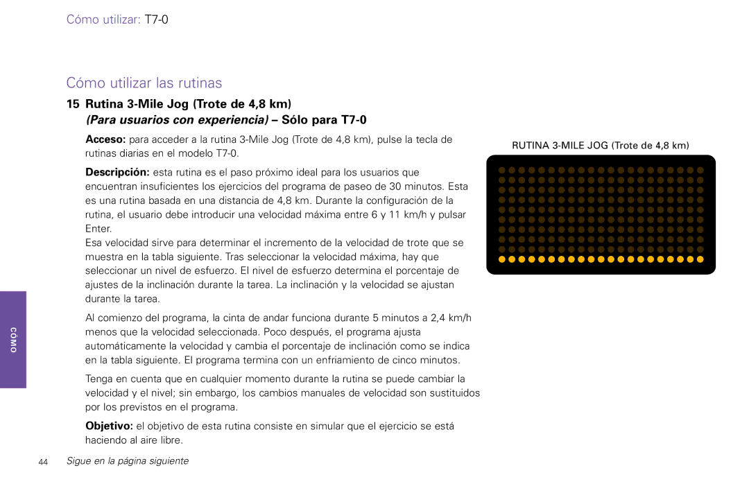 Life Fitness T7-0.T Series, T5-5 y manual Rutina 3-Mile Jog Trote de 4,8 km, Para usuarios con experiencia Sólo para T7-0 