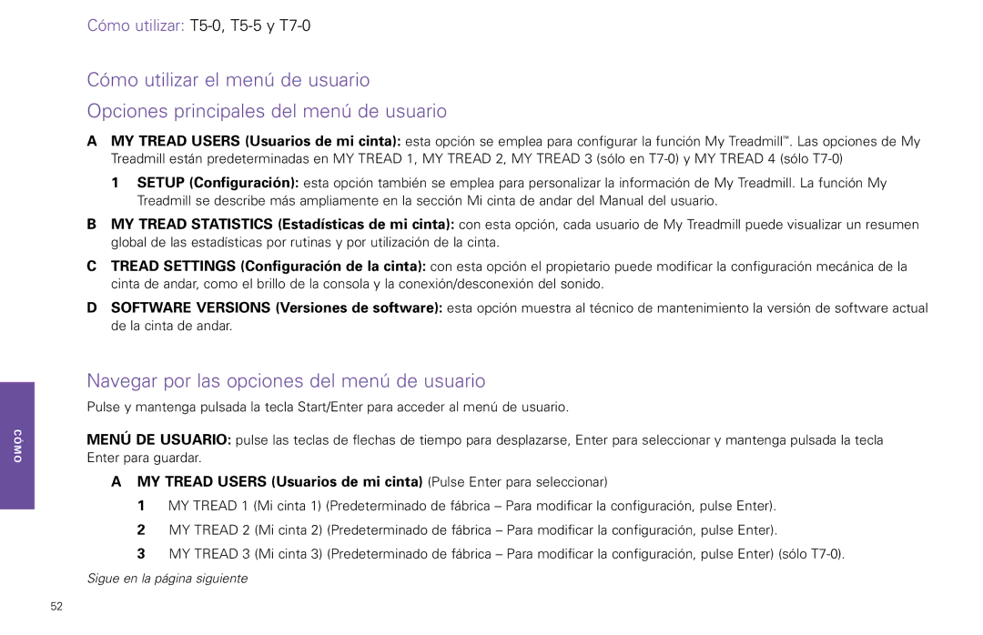 Life Fitness T7-0.T Series, T5-5 y manual Navegar por las opciones del menú de usuario 