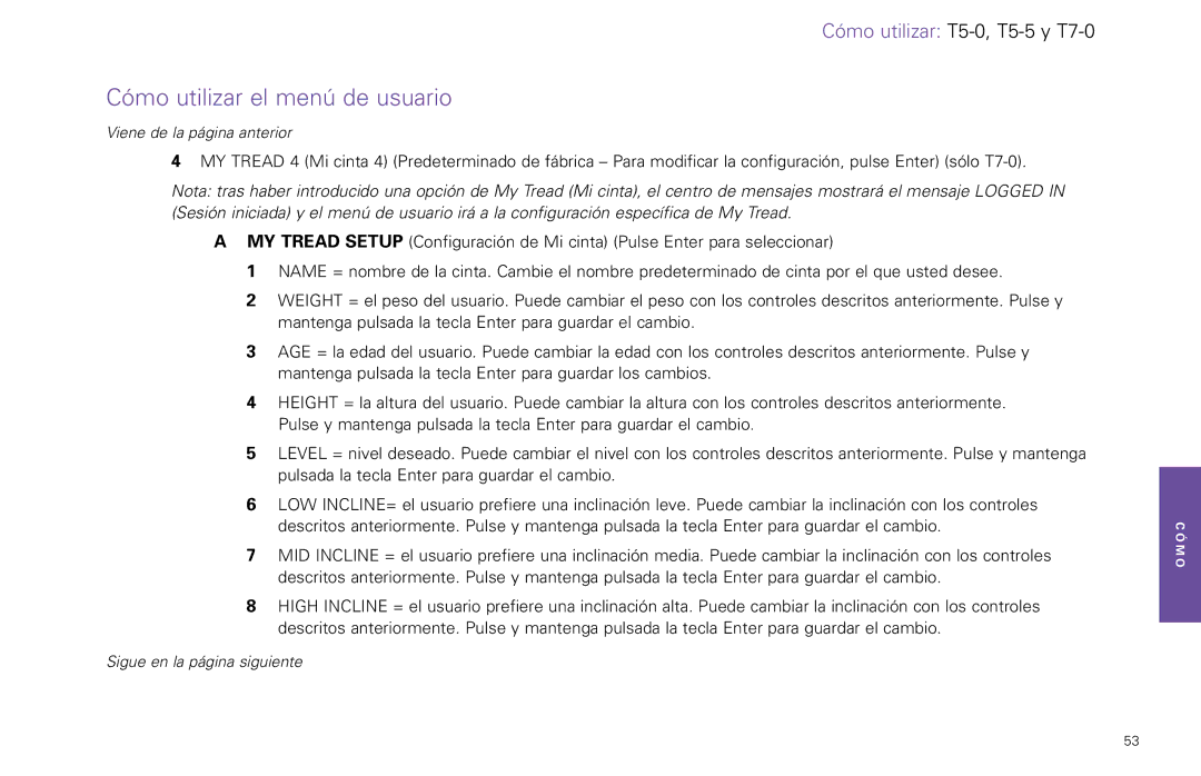 Life Fitness T5-5 y, T7-0.T Series manual Cómo utilizar el menú de usuario 