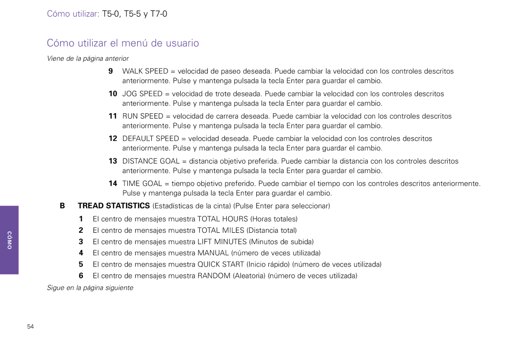 Life Fitness T7-0.T Series, T5-5 y manual Cómo utilizar el menú de usuario 