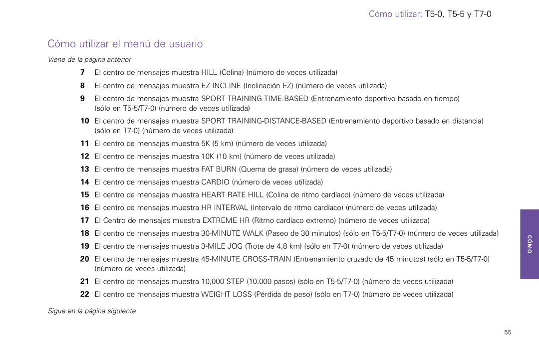 Life Fitness T5-5 y, T7-0.T Series manual Cómo utilizar el menú de usuario 