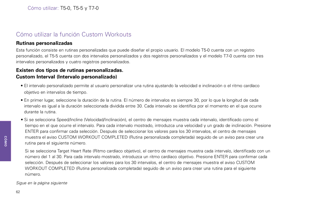 Life Fitness T7-0.T Series, T5-5 y manual Cómo utilizar la función Custom Workouts, Rutinas personalizadas 