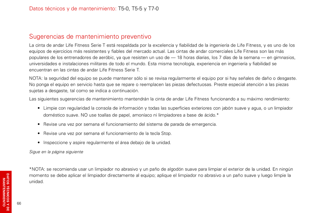 Life Fitness T7-0.T Series, T5-5 y manual Sugerencias de mantenimiento preventivo 