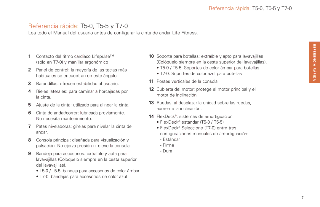 Life Fitness T7-0.T Series manual Referencia rápida T5-0,T5-5 y T7-0 