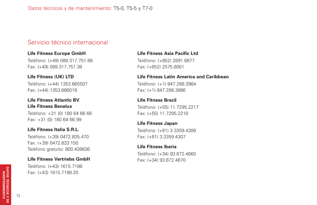 Life Fitness T7-0.T Series, T5-5 y manual Servicio técnico internacional 