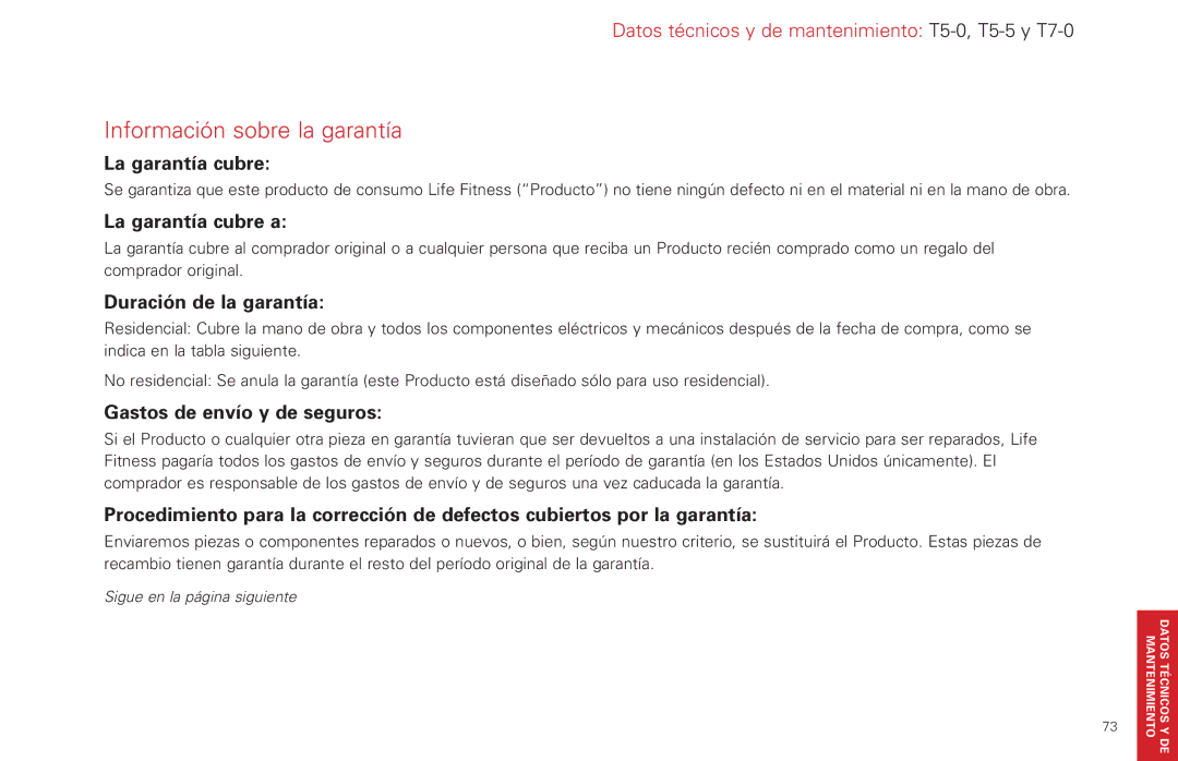 Life Fitness T5-5 y, T7-0.T Series manual La garantía cubre a, Duración de la garantía, Gastos de envío y de seguros 