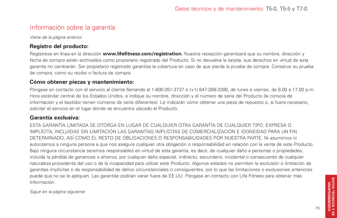 Life Fitness T5-5 y, T7-0.T Series manual Registro del producto Cómo obtener piezas y mantenimiento, Garantía exclusiva 