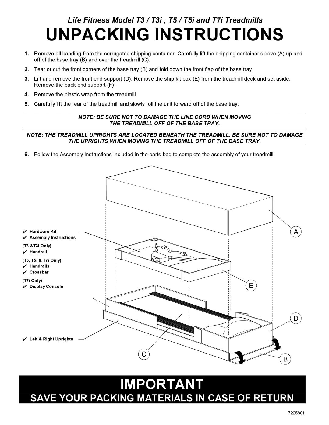 Life Fitness T7i manual Unpacking Instructions 