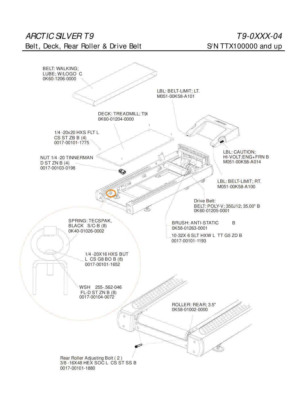 Life Fitness T9-0XXX-04 manual Belt, Deck, Rear Roller & Drive Belt TTX100000 and up, Belt Walking 