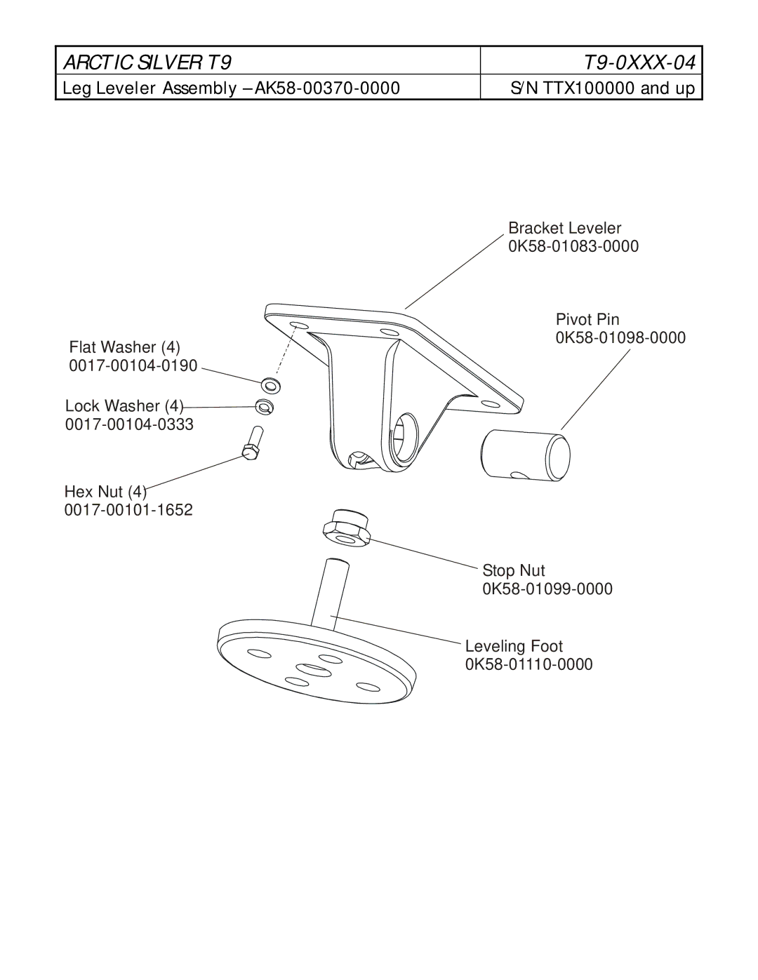 Life Fitness T9-0XXX-04 manual Leg Leveler Assembly AK58-00370-0000 