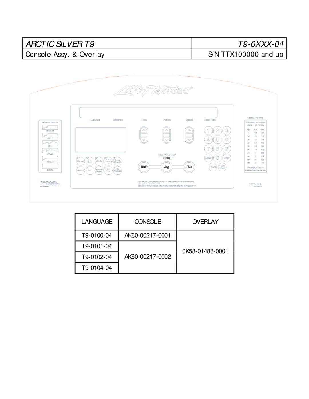 Life Fitness T9-0XXX-04 manual Console Assy. & Overlay 