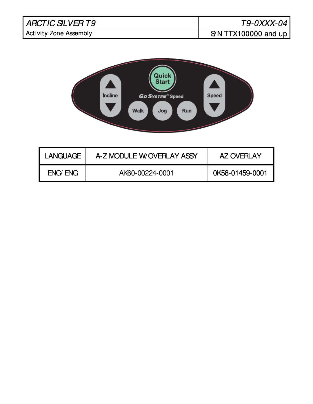 Life Fitness T9-0XXX-04 manual Language, A-Z Module W/Overlay Assy, Az Overlay, Eng/Eng, AK60-00224-0001, 0K58-01459-0001 