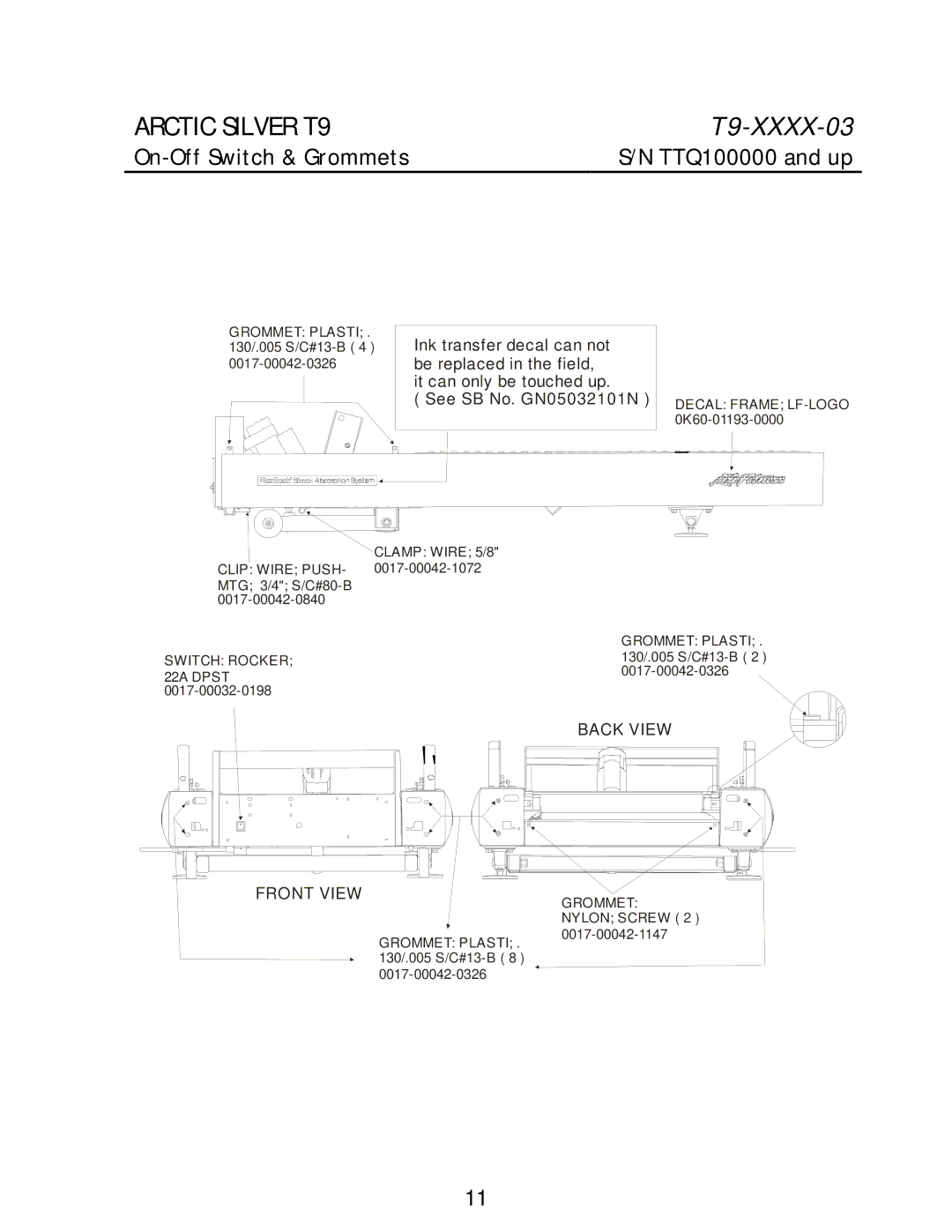 Life Fitness T9 manual On-Off Switch & Grommets TTQ100000 and up 