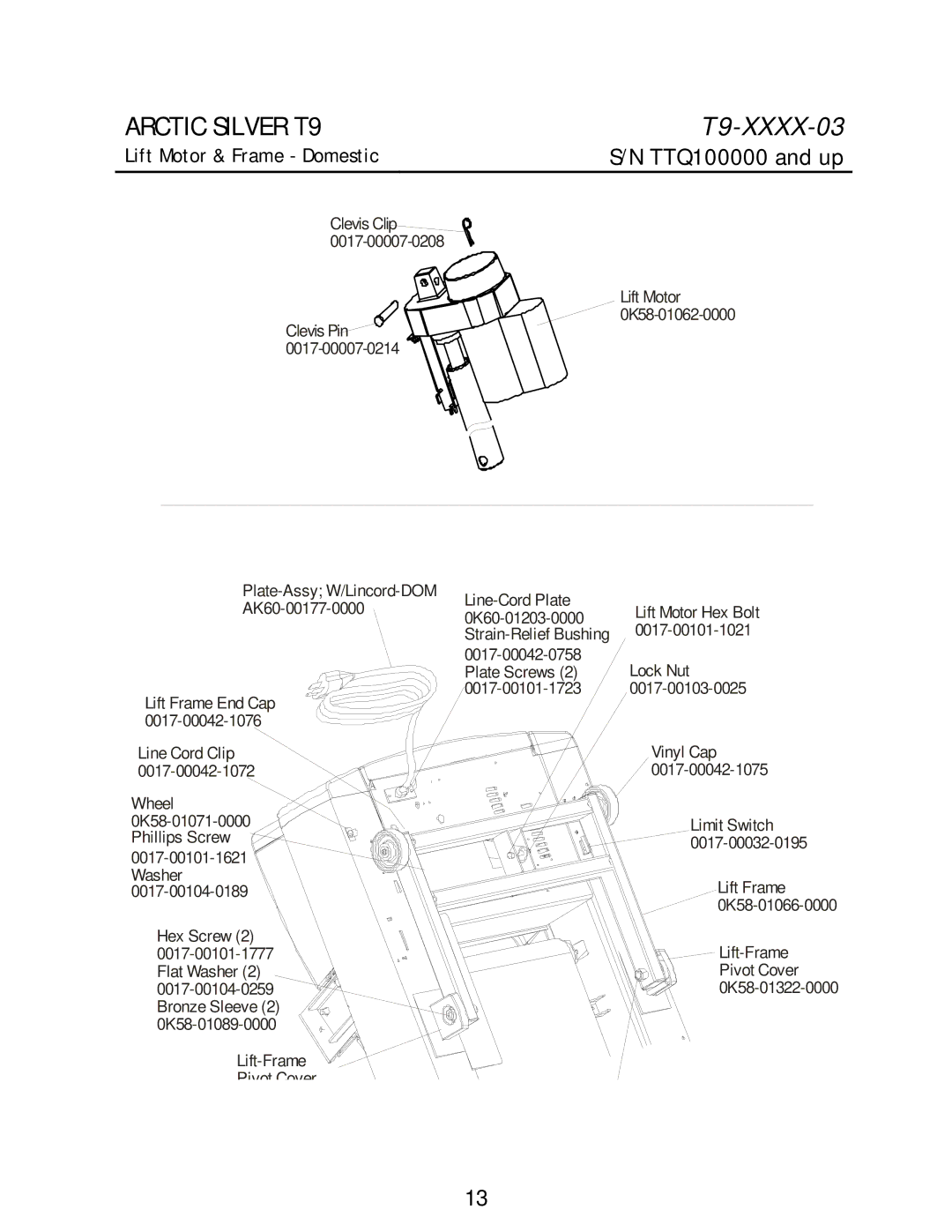 Life Fitness T9 manual Lift Motor & Frame Domestic 