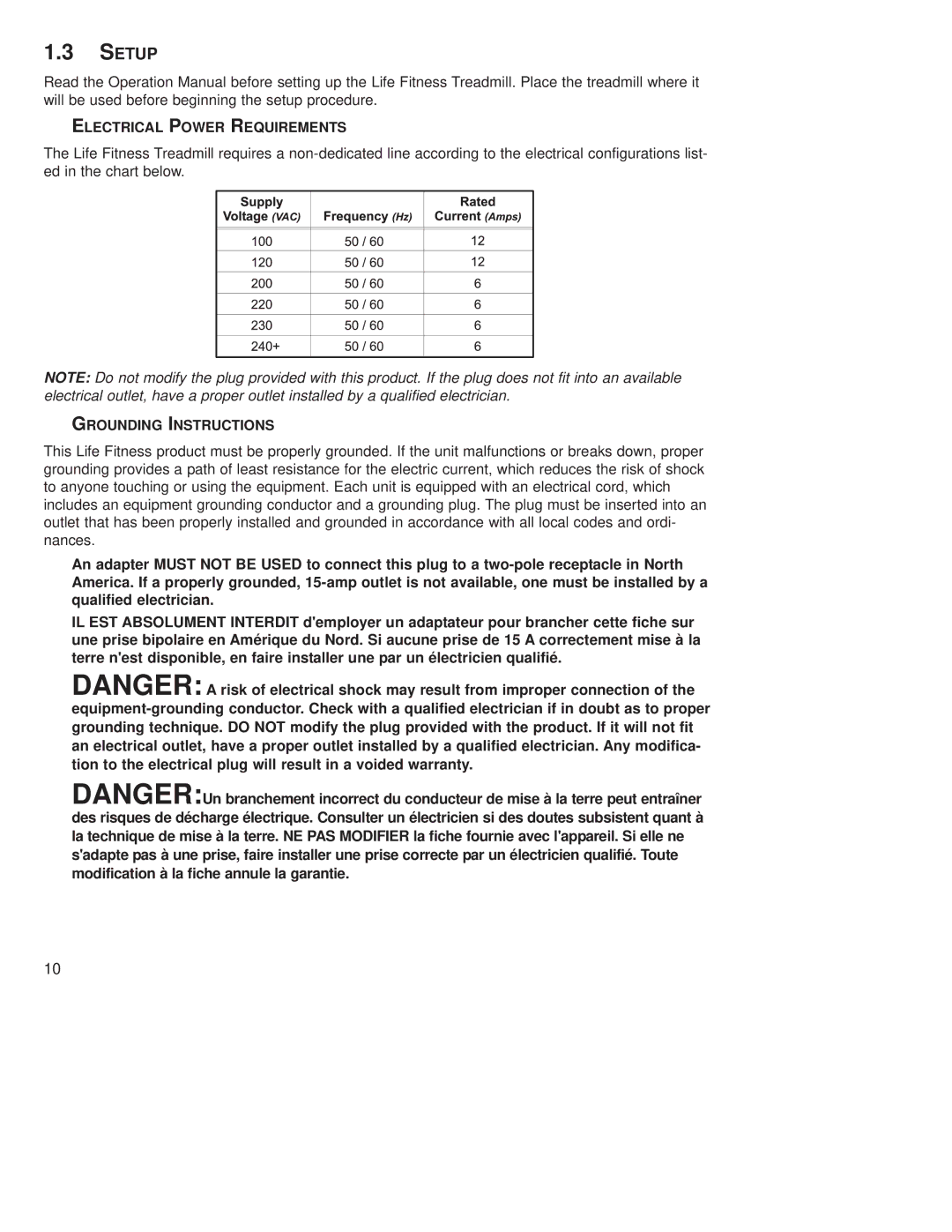 Life Fitness T9E operation manual Setup, Electrical Power Requirements, Grounding Instructions 