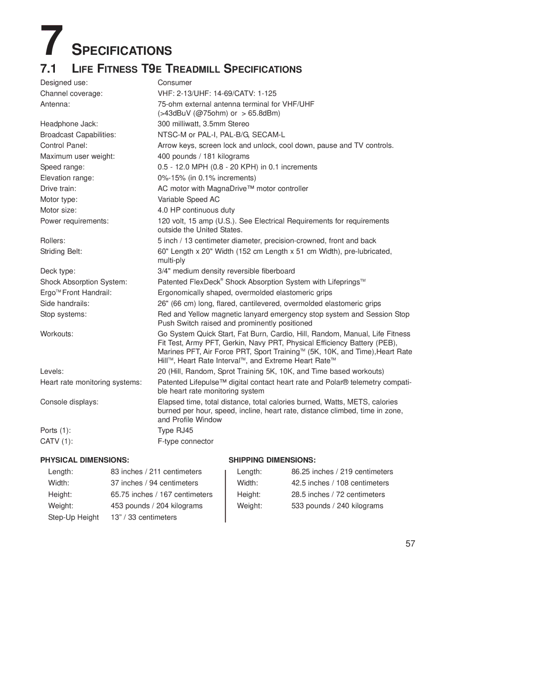 Life Fitness operation manual Life Fitness T9E Treadmill Specifications 