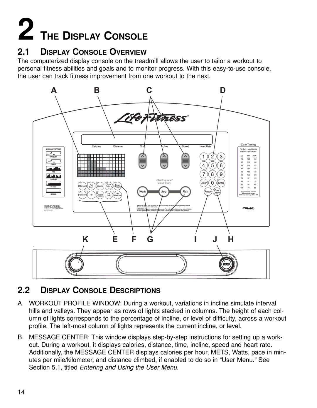 Life Fitness T9i operation manual Display Console Overview, Display Console Descriptions 