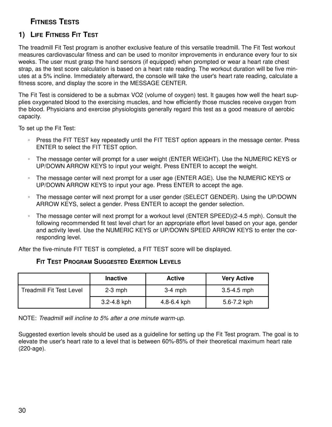 Life Fitness T9i operation manual Fitness Tests, Inactive Active Very Active 