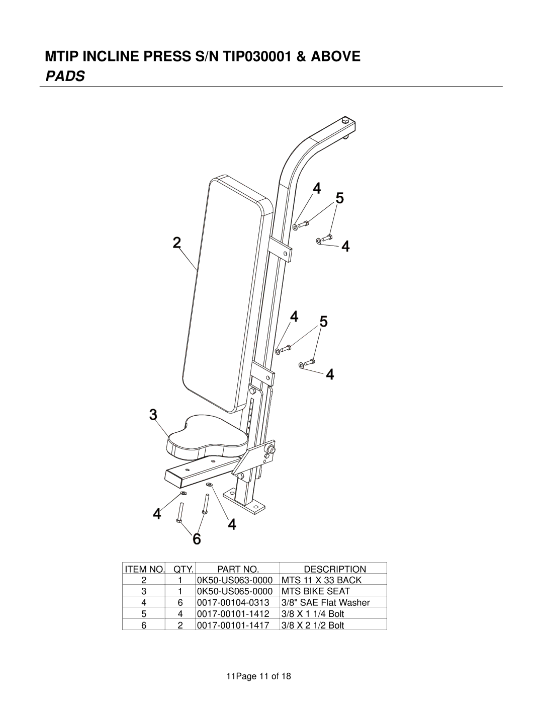 Life Fitness manual Mtip Incline Press S/N TIP030001 & Above Pads, MTS Bike Seat 