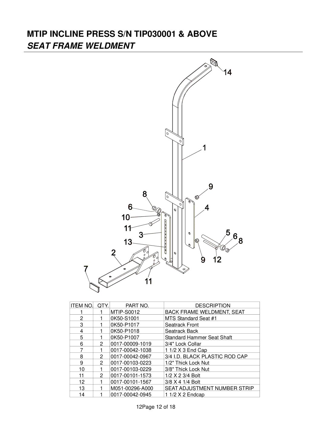 Life Fitness manual Mtip Incline Press S/N TIP030001 & Above Seat Frame Weldment 