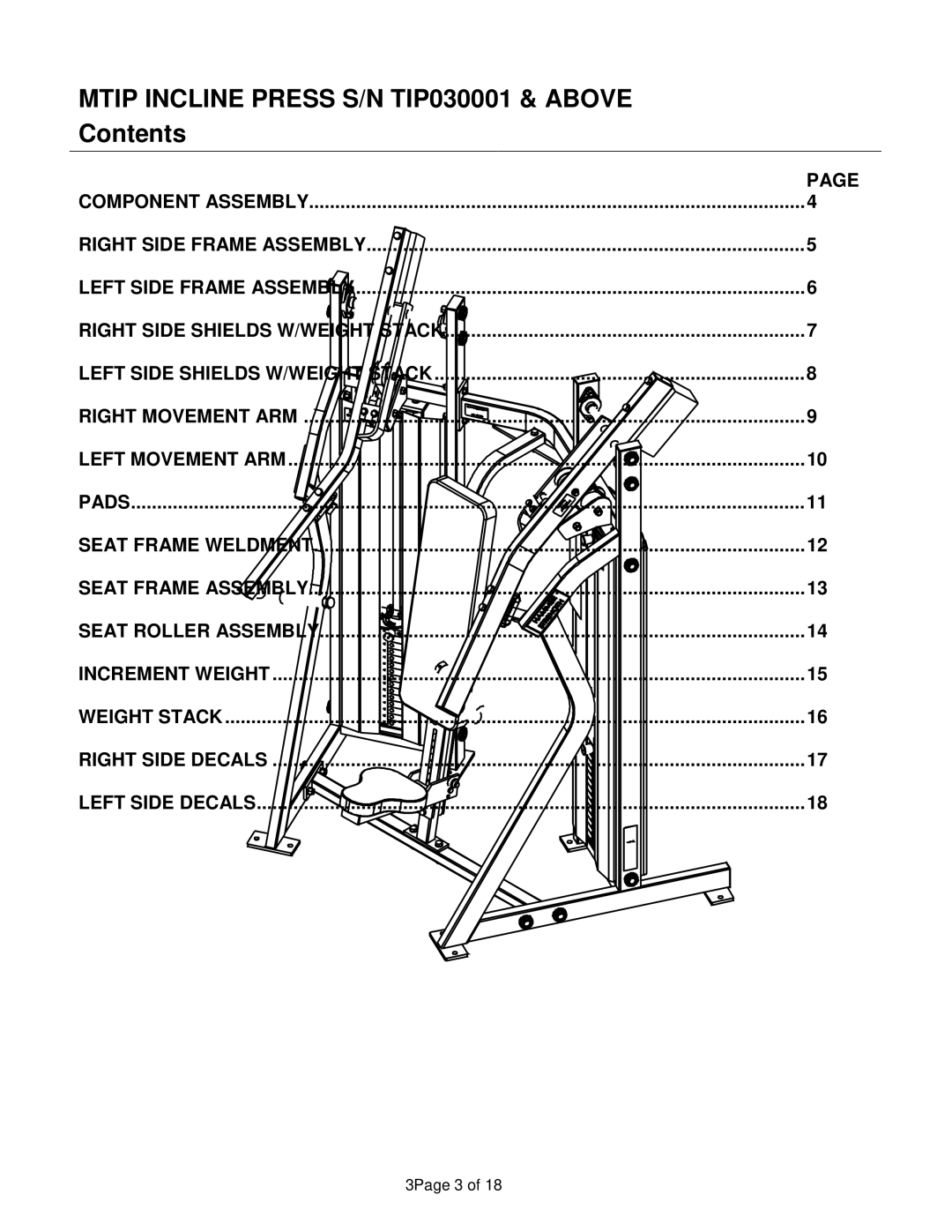 Life Fitness manual Mtip Incline Press S/N TIP030001 & Above, Contents 