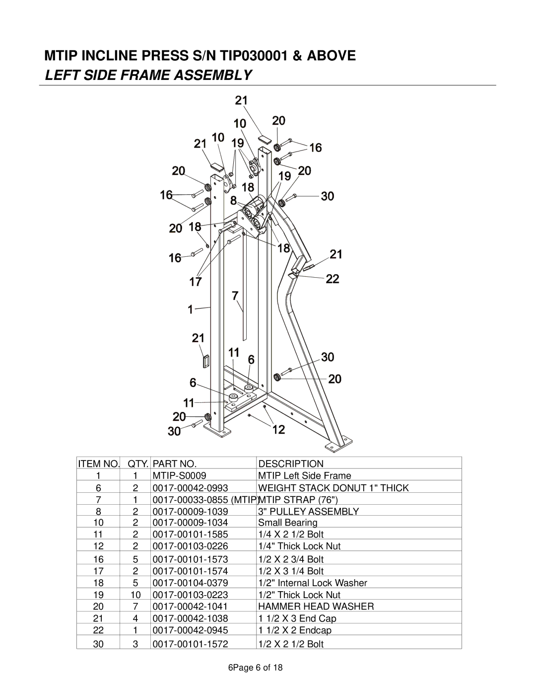 Life Fitness TIP030001 manual Left Side Frame Assembly 