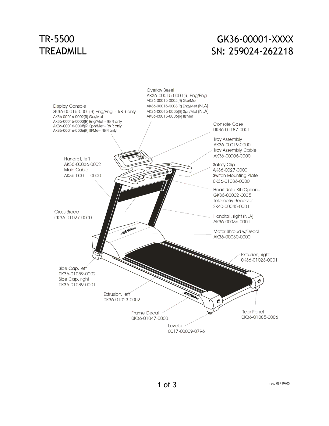 Life Fitness manual TR-5500 GK36-00001-XXXX, Treadmill, Cross Brace 0K36-01027-0000 