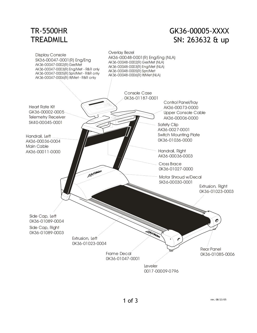 Life Fitness TR-5500HR manual Treadmill, GK36-00005-XXXX SN 263632 & up, Display Console SK36-00047-0001R Eng/Eng 