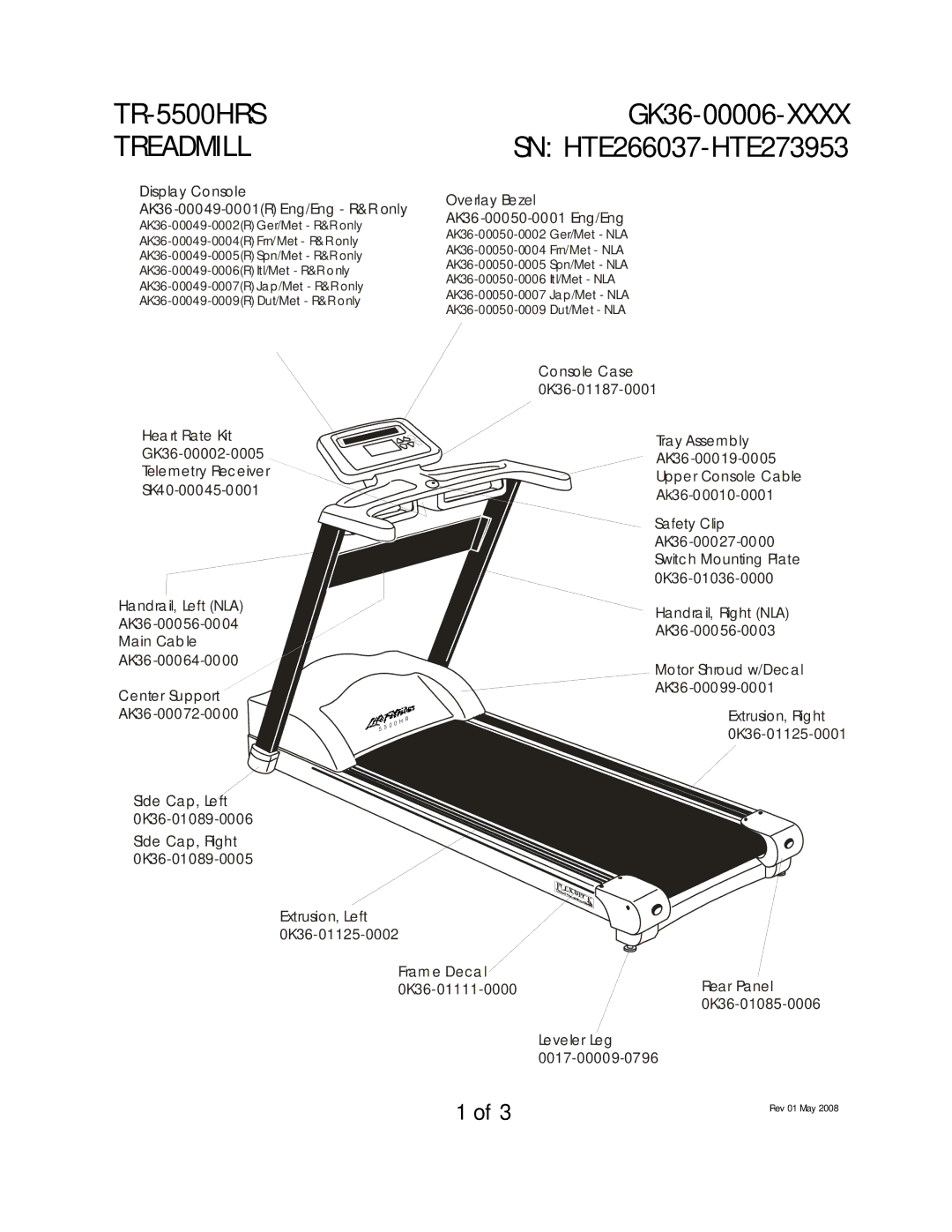 Life Fitness TR-5500HRS manual Treadmill, GK36-00006-XXXX SN HTE266037-HTE273953, Overlay Bezel AK36-00050-0001 Eng/Eng 