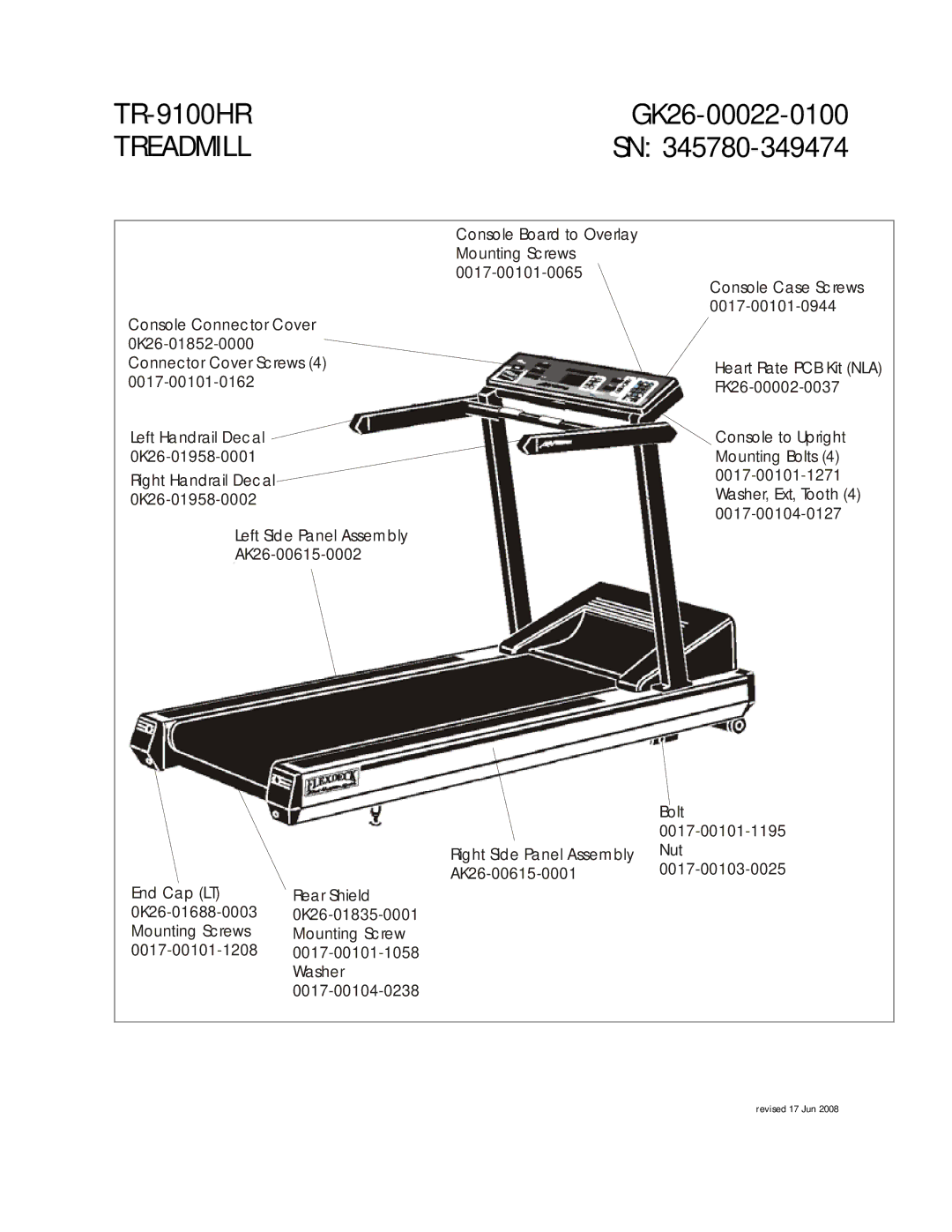 Life Fitness TR-9100 HR manual Mounting Screws 0017-00101-1208, Washer, Bolt 0017-00101-1195 Nut 0017-00103-0025 